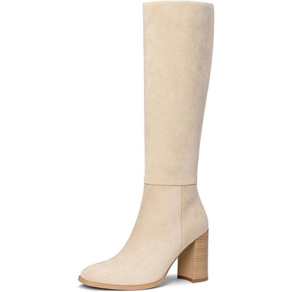 Women's Beige Round Toe Side Zip Chunky Heel Fashion Tall Knee High Casual Boot